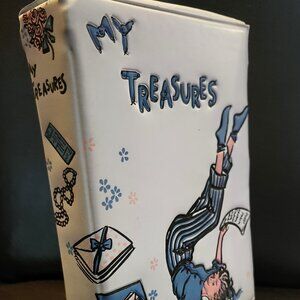 Vintage 50s Ponytail My Treasures Box blue vinyl no key jewelry box